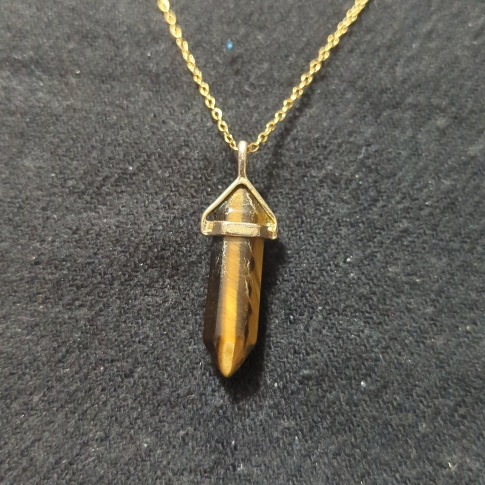 Gold Tone Brown Tiger's Eye Gemstone Point Pendant Statement Necklace